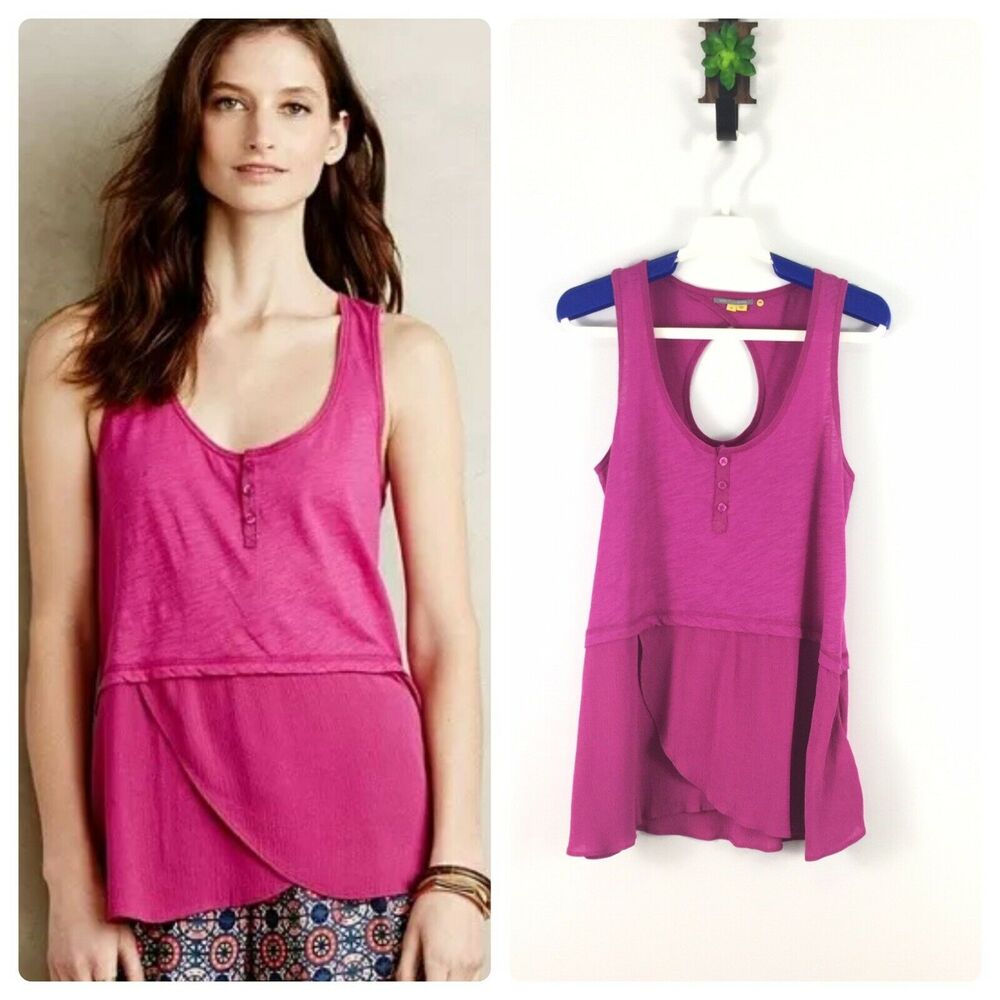 Anthropologie Little Yellow Button Henley Tank Size Extra Small XS Pink Singe